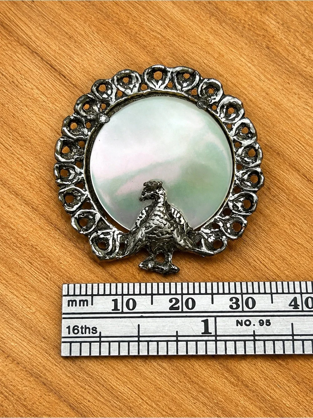 Silver Tone Peacock Brooch Mother of Pearl Shell Inlay Filigree Bird Pin 1.5”